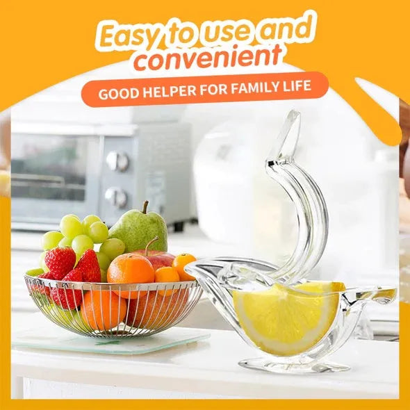 Transparent acrylic manual lemon juicer with bird-shaped press for squeezing citrus slices