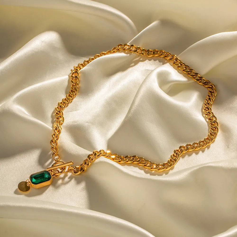 Gold retro geometric pendant necklace with emerald green zircon stone and titanium steel Cuban chain