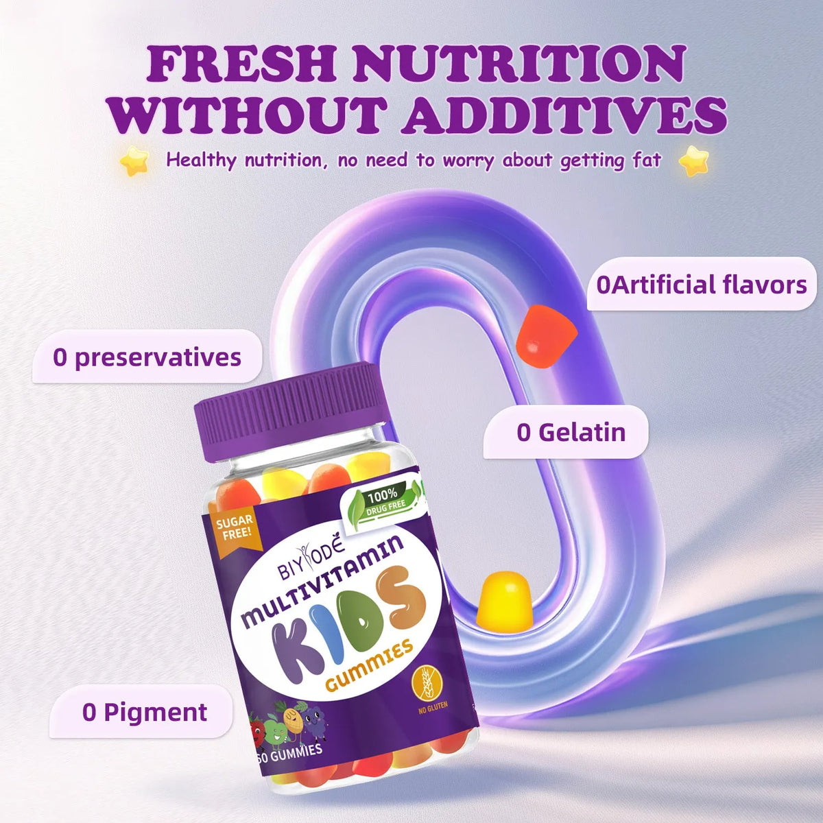 Bottle of 60 kids multivitamin gummies with multivitamin label for children's growth support private label