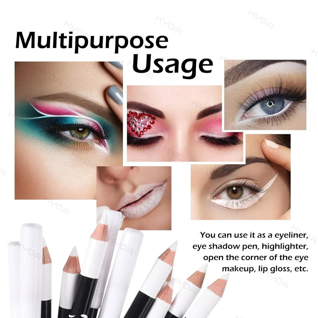 12 white and black retractable eyeliner pencils and a sharpener laid out on a flat surface.