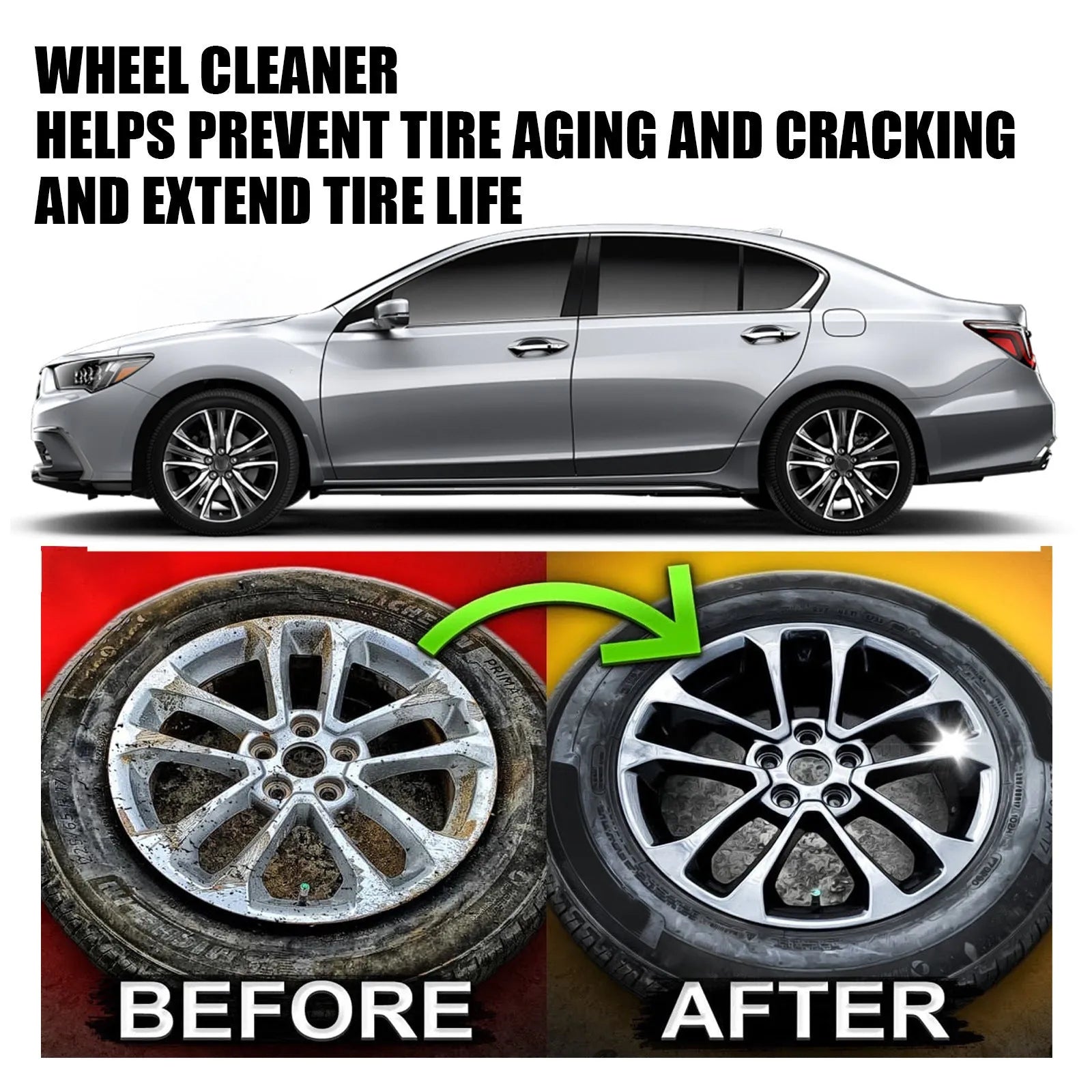 Car tyre cleaner bottle and microfibre towel for alloy wheel cleaning