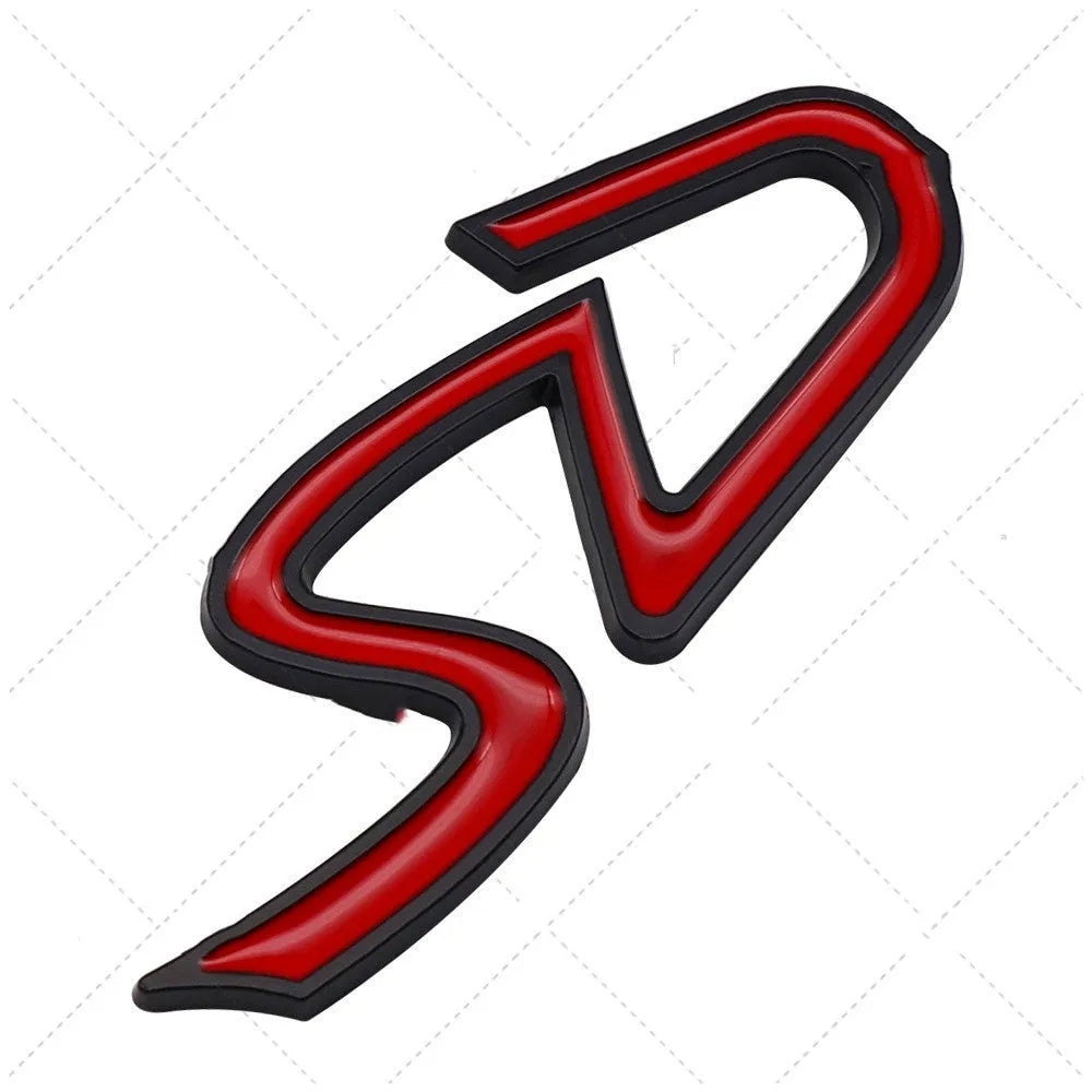 Red and silver metal car bumper sticker with SD design for vehicle personalisation.