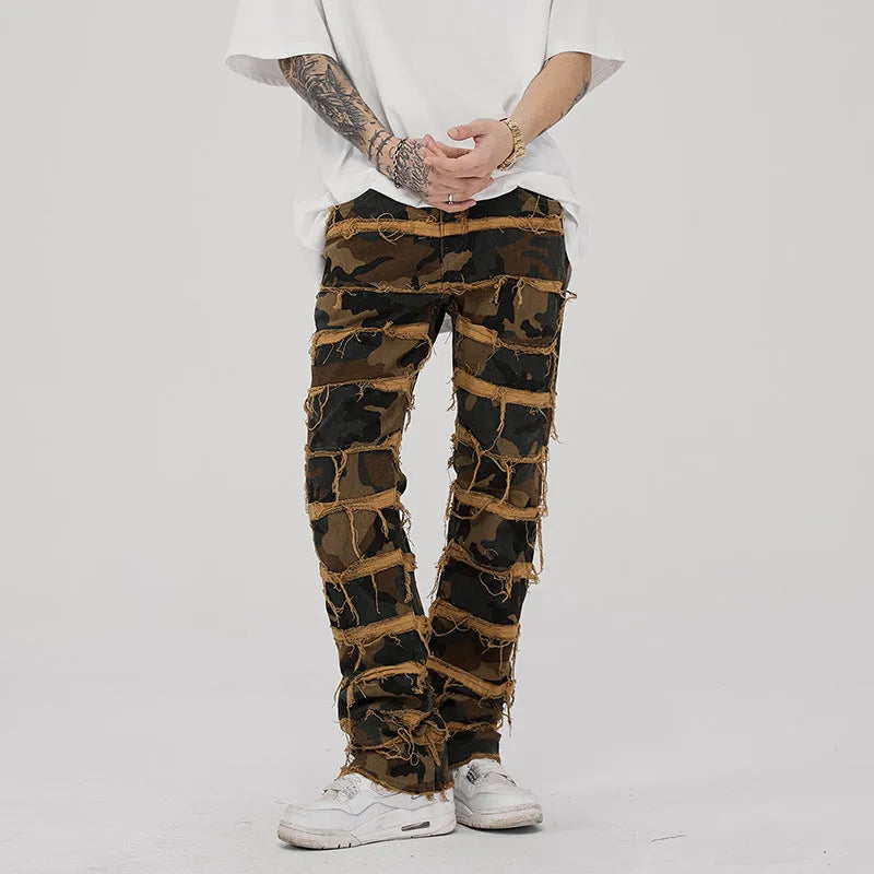 Men's camouflage trumpet leg jeans in 98% cotton denim with micro-elastic finish and colour matching.