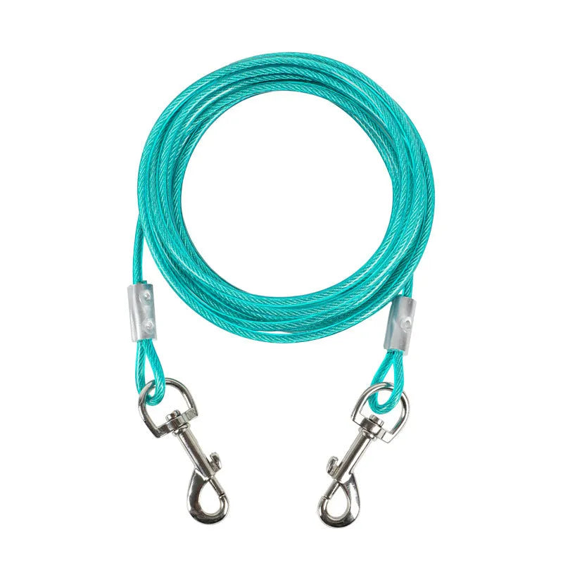Double-headed dog leash with hand holding rope and steel wire iron chain in blue