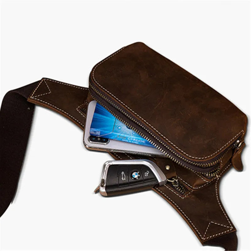 Brown men's cowhide sports waist bag shown from the front, highlighting the pull closure and compact 30cm wide design.