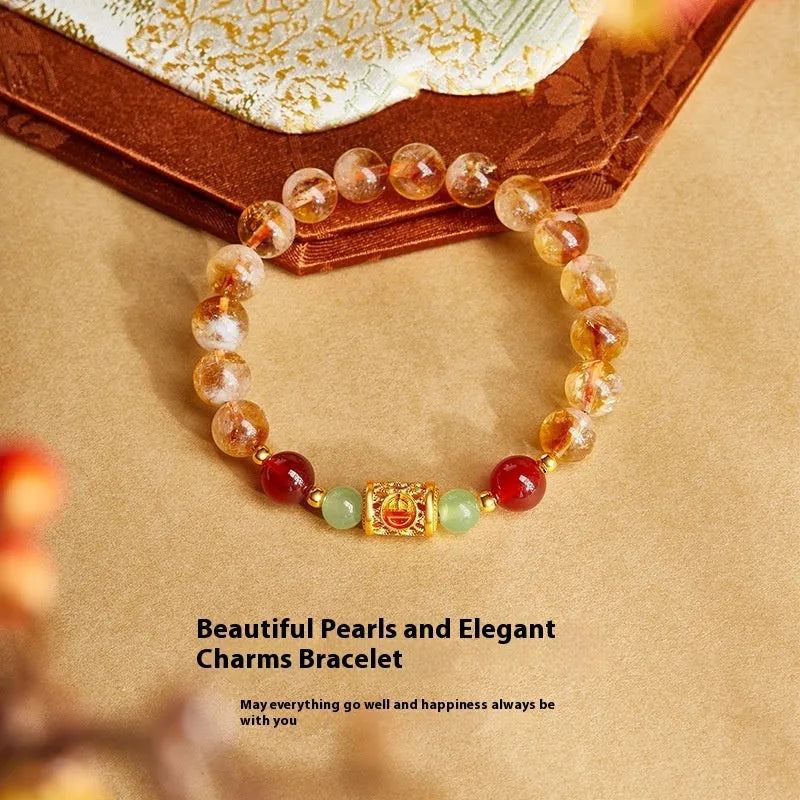 Yellow Chinese bracelet with red agate, Hetian jade, crystal, and sterling silver beads 8mm geometric design