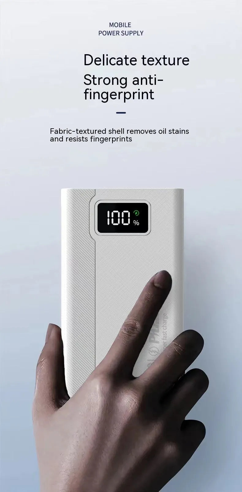 Large capacity power bank in black plastic casing with dimensions 150mm by 76mm