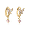 Copper earrings with inlaid colour diamond butterfly fringe design on white background