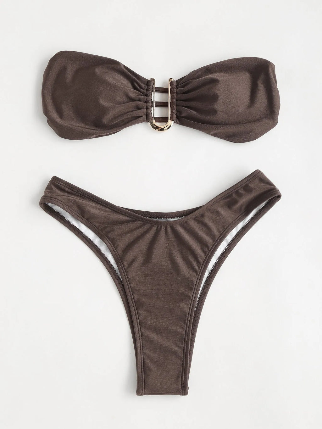 Brown women's nylon U shape V neck swimsuit bikini on female model