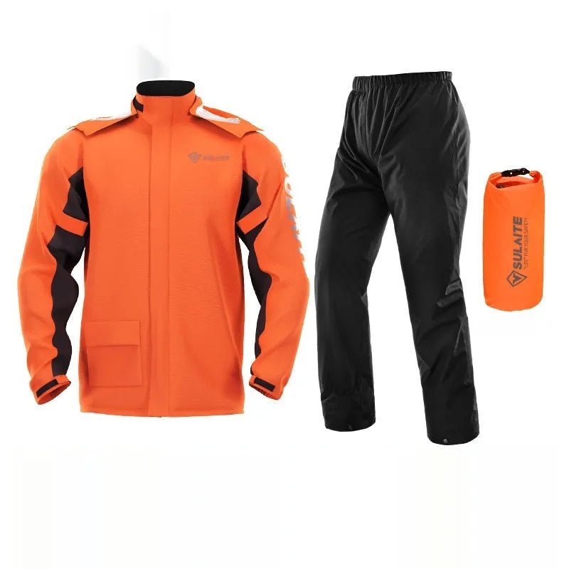 Adult motorcycle rain suit with raincoat, rain trousers, hidden shoe cover, and storage bag.
