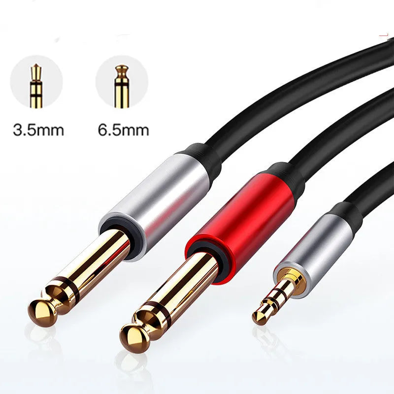 3.5mm to 6.5mm male-to-male audio cable with gold-plated connectors and black PVC sheathing