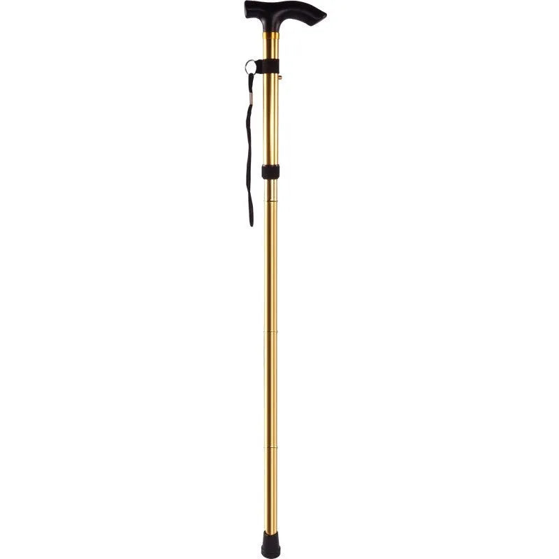 Aluminium alloy folding walking stick adjusted to mid-height, showing non-slip handle.