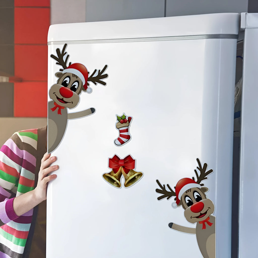 Set of magnetic Christmas stickers with a luminous reflective cartoon elk bell design on a synthetic resin background.