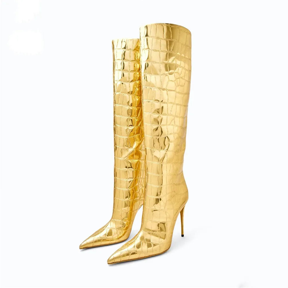 Women's leopard print pointed stiletto heel boots with side zipper on display