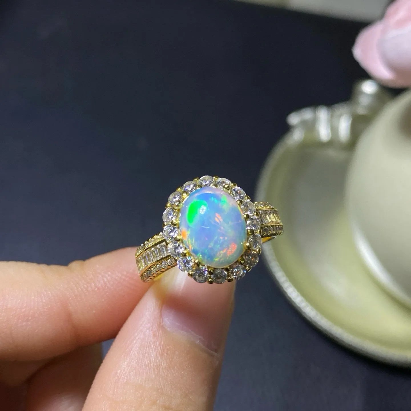 Pure natural opal handmade sterling silver adjustable ring showing rose gold finish and opening design