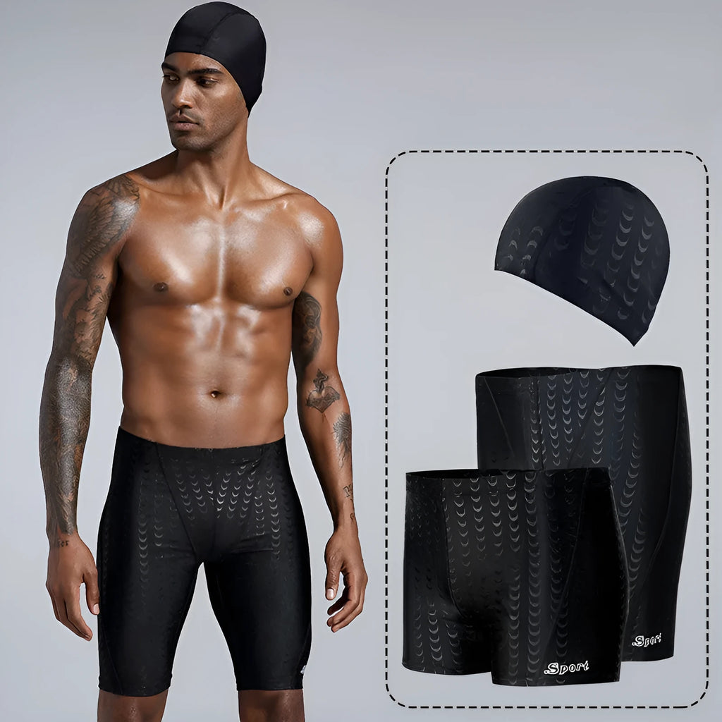 Men's solid colour polyester swimming trunks shown in boxers and cropped pants styles.