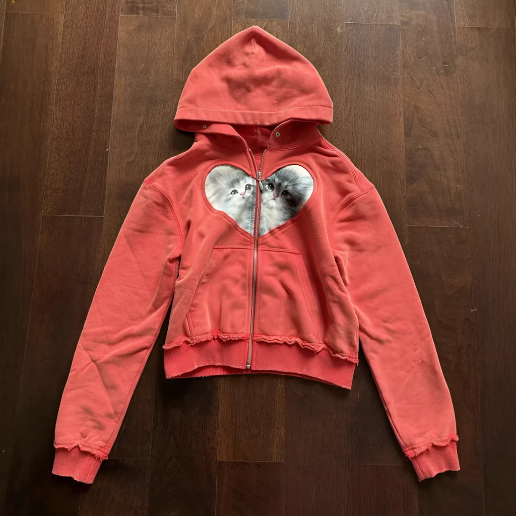 Cotton washed distressed love kitten stitching zipper hooded sweater cardigan in washed black, short length 40cm
