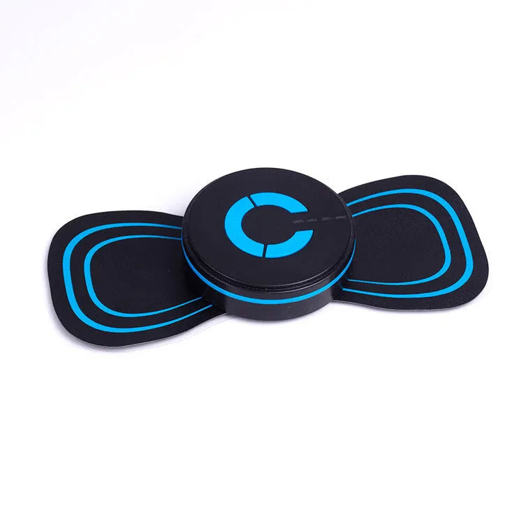 Black mini electric shoulder and neck massager with massage patch next to its 15cm long packaging.