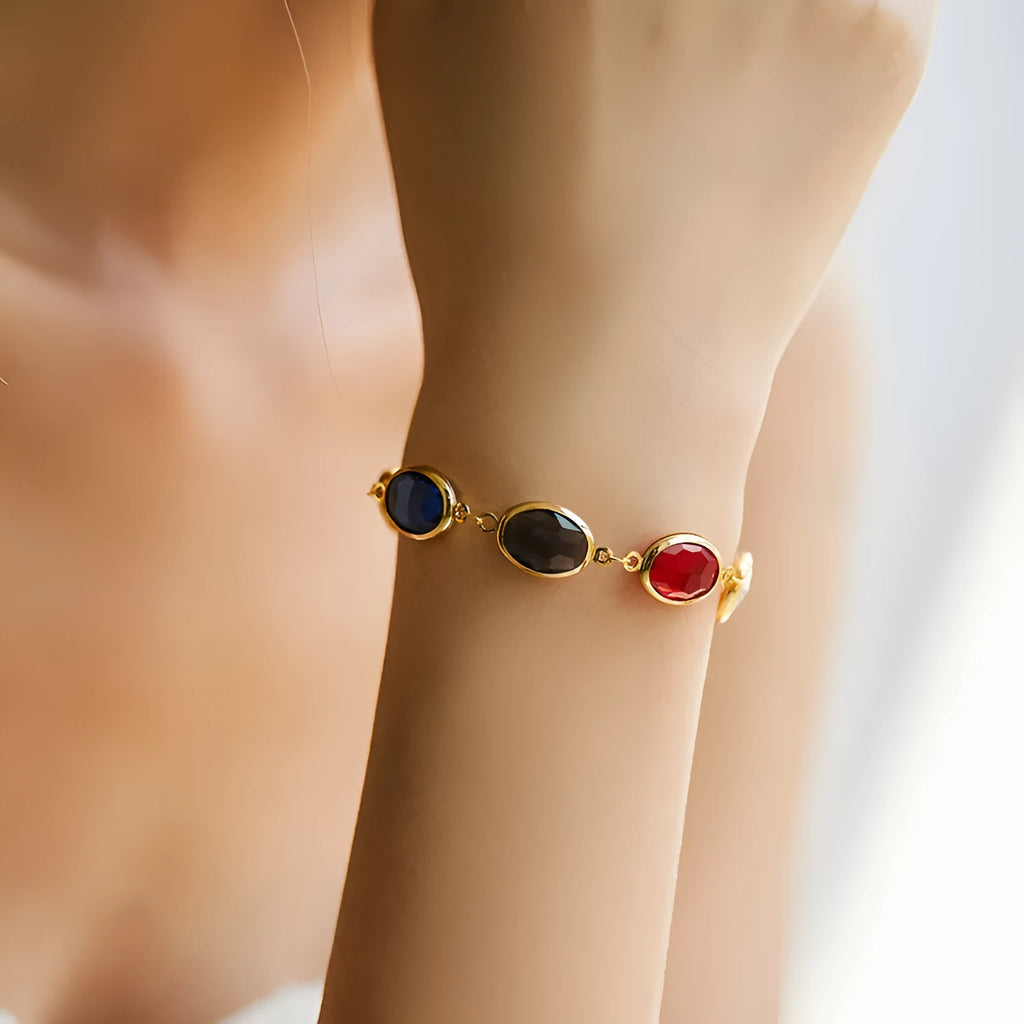 Women's geometric ellipse bracelet with coloured glass inlay on 18K copper in blue, green or multicolour