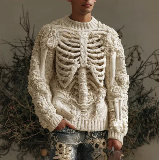 Beige 3D digital print round neck thick needle polyester pullover sweater on model, sizes S to 5XL