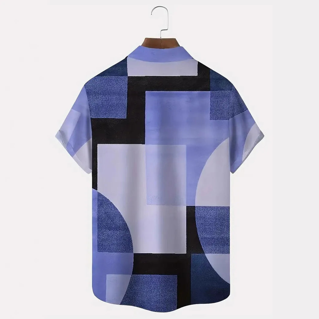 Men's geometric print cardigan shirt with 3D contrast squares in loose fit short sleeve design