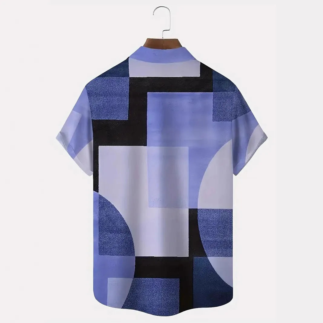Men's geometric print cardigan shirt with 3D contrast squares in loose fit short sleeve design