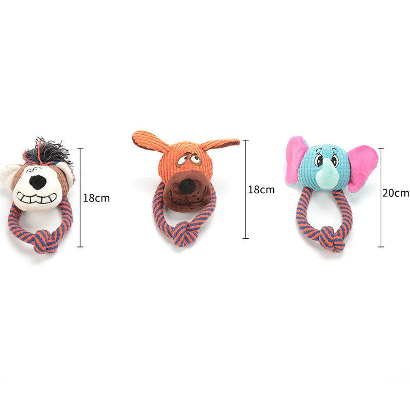 Dog cotton rope toy with sound feature in plush material, styled as a dog, elephant, or monkey