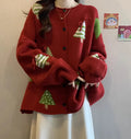 Women's Christmas tree red polyester sweater coat with long sleeves and a loose, regular-length silhouette