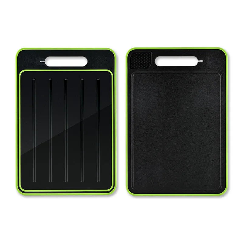 Grey square aluminium cutting board with double sides showing grinding teeth and built-in knife sharpener
