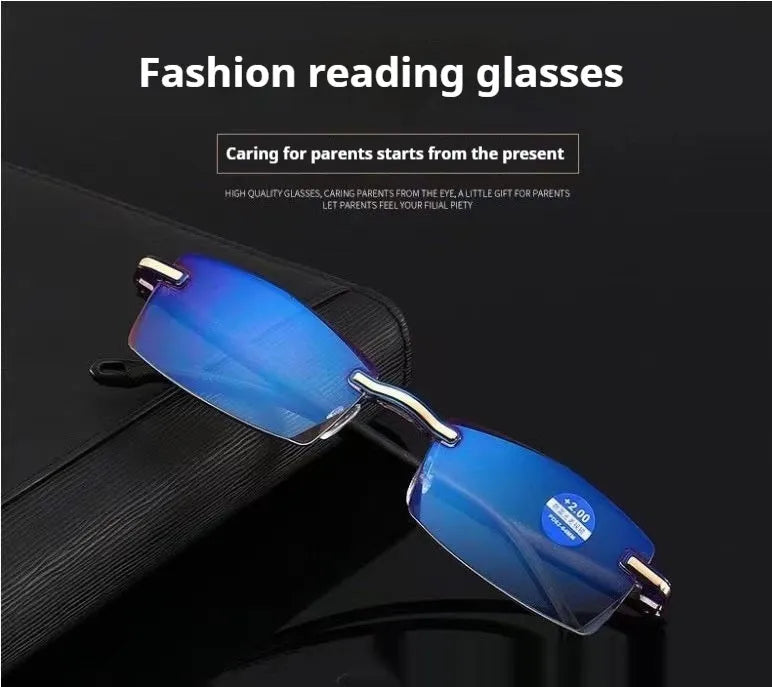 Frameless anti-blue light presbyopic glasses with PC lens black frame transparent lens option