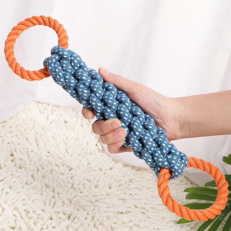 Blue braided cotton dog chew toy with double rings and bone shape, 37cm long