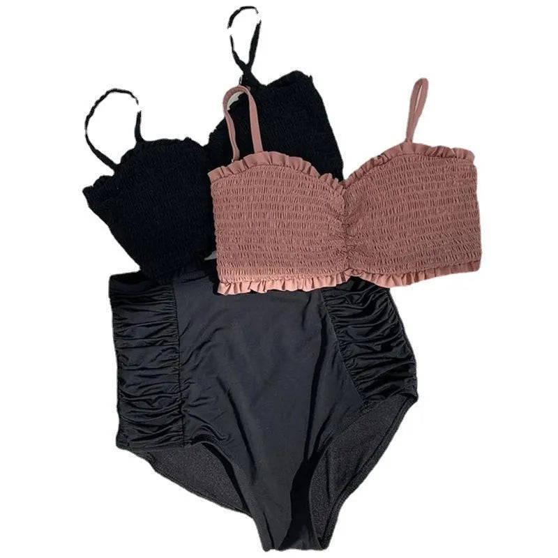 Women's retro high-waist split bikini swimsuit in cameo brown or black, made from polyester fabric.