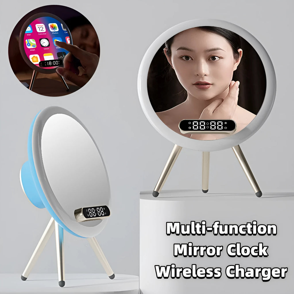 Multi-function LED mirror alarm clock with wireless charger and Bluetooth speaker in white and blue