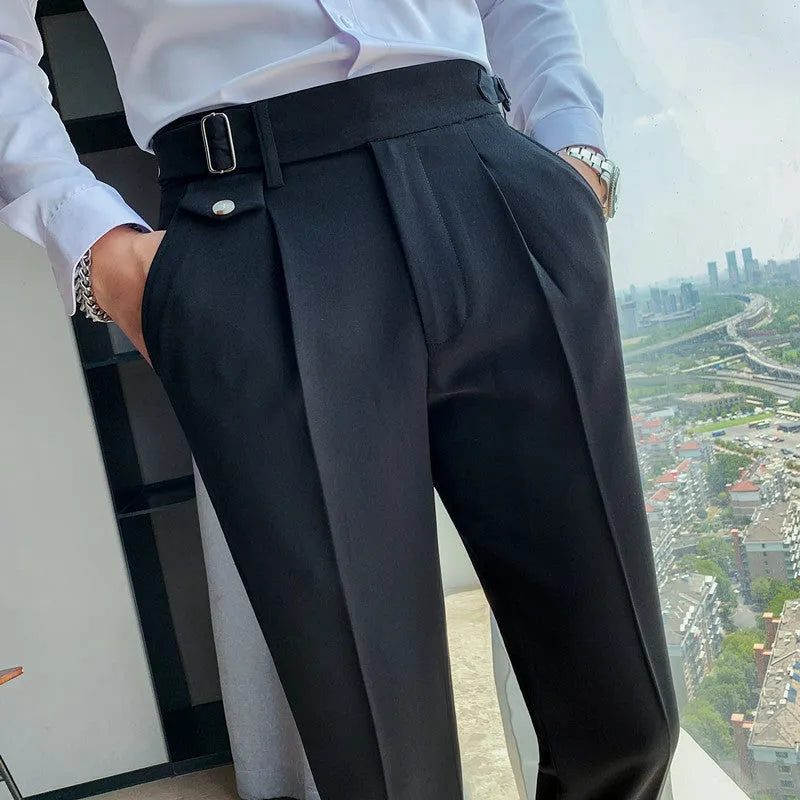Straight-leg casual polyester trousers on a hanger, shown in a solid colour.