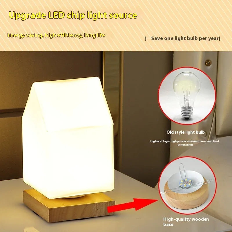 Nordic USB table lamp with geometric white light and solid wood decoration on bedside table
