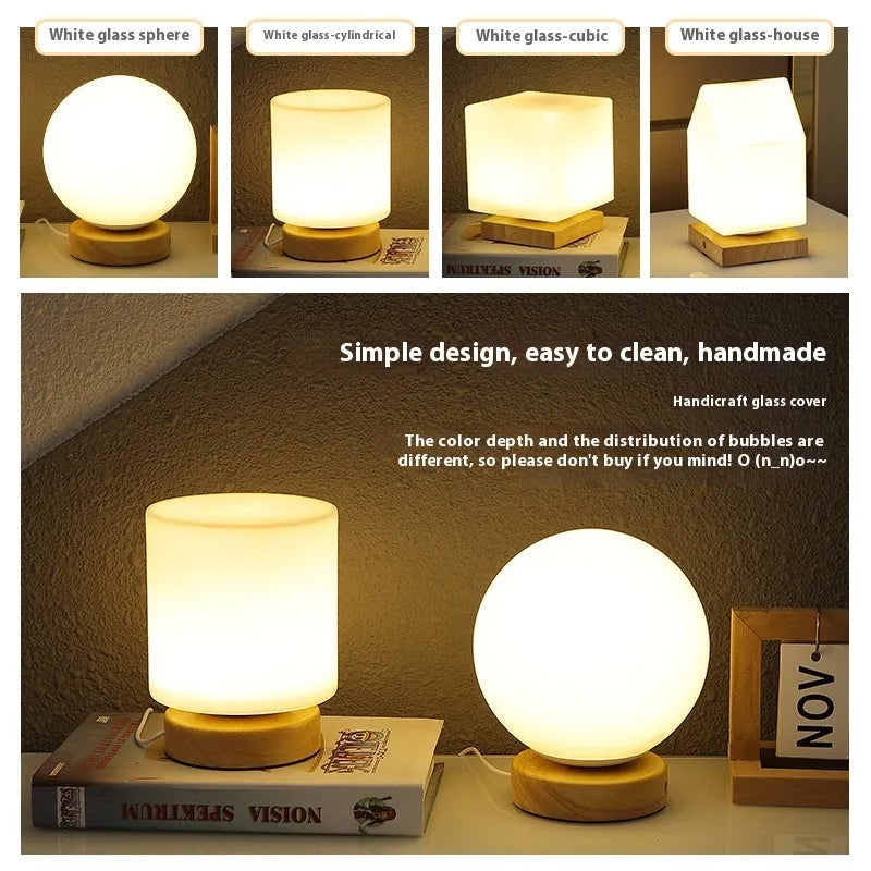 Nordic USB table lamp with geometric white light and solid wood decoration on bedside table