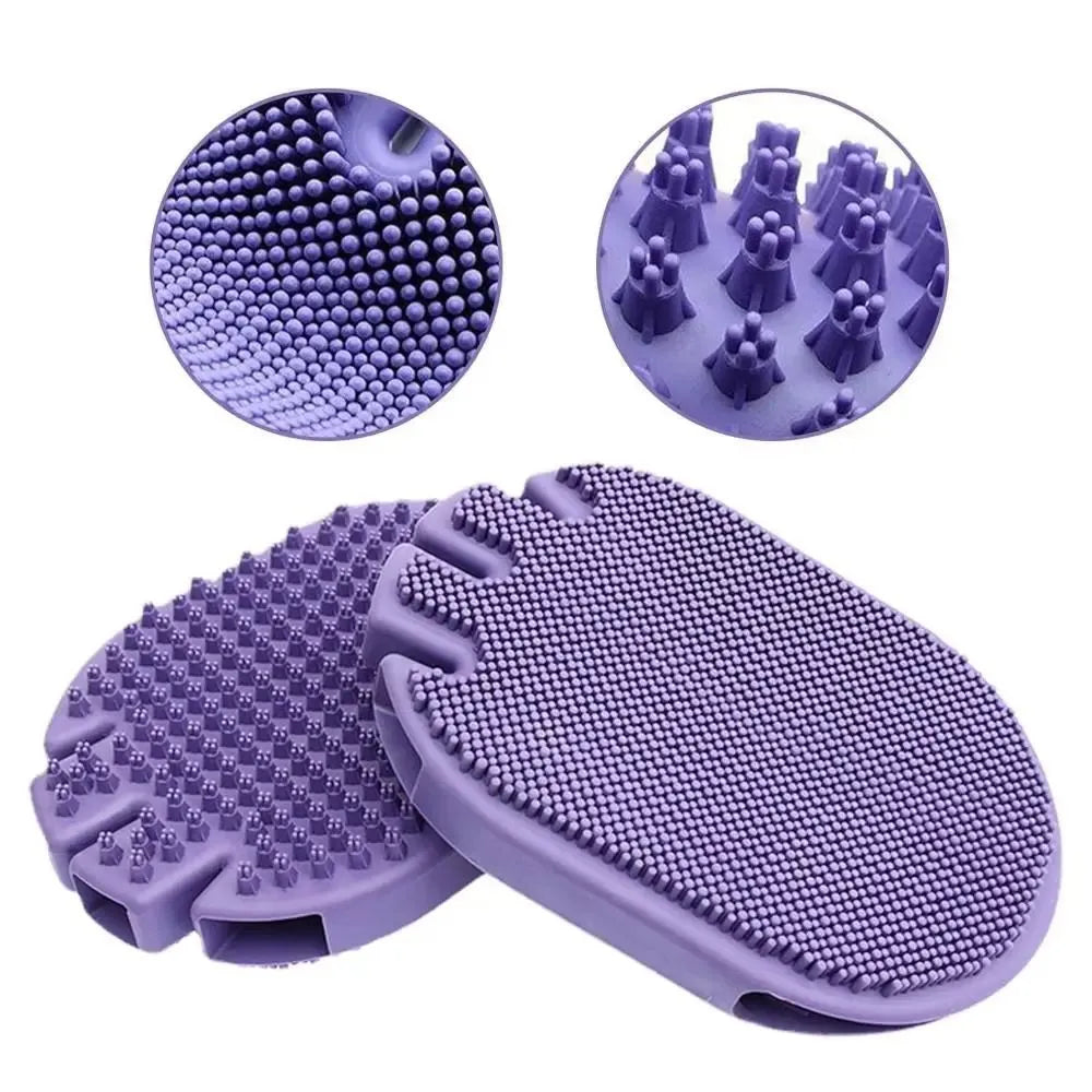 Purple dual-sided pet shampoo brush with soft TPR bristles and ergonomic handle for dog and cat grooming