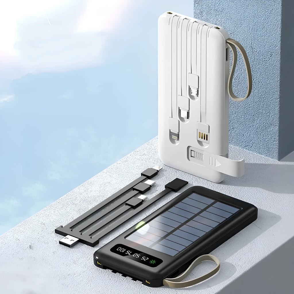 Cool black and ivory white solar power bank showing integrated solar panel and compact 144mm x 68mm dimensions.