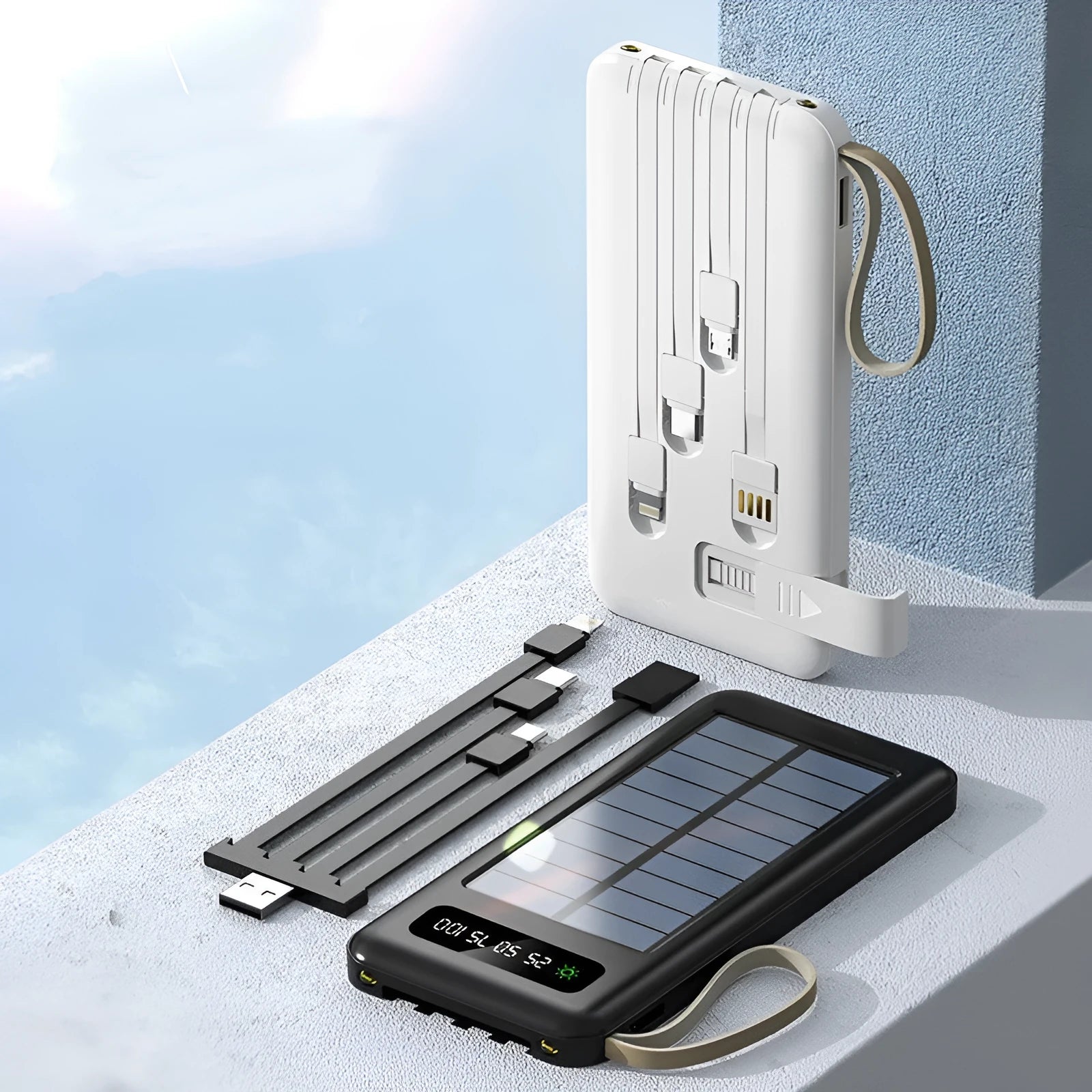 Cool black and ivory white solar power bank showing integrated solar panel and compact 144mm x 68mm dimensions.