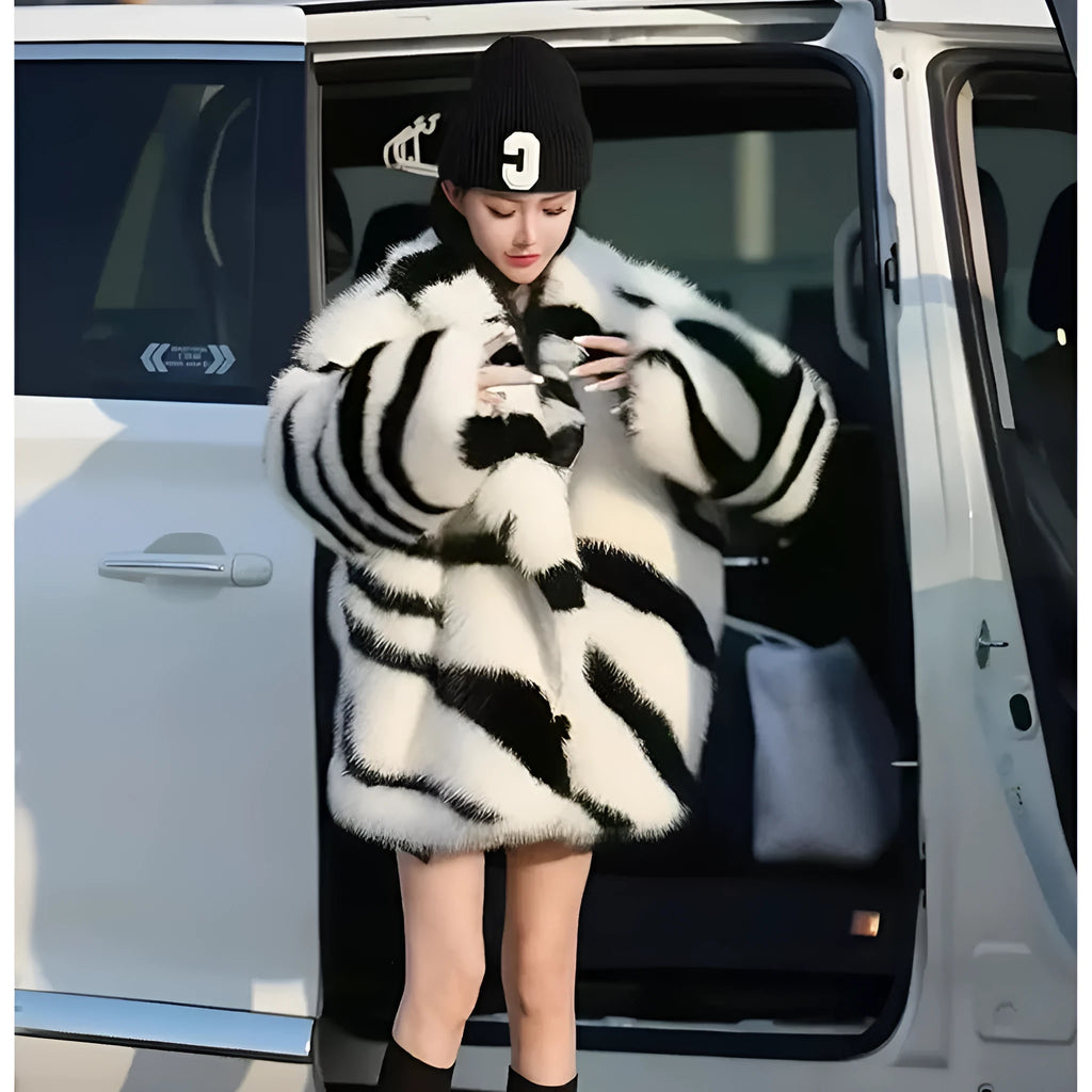 Women's zebra stripe skimmer collar long sleeve top in fur-like polyester, medium length, street fashion style