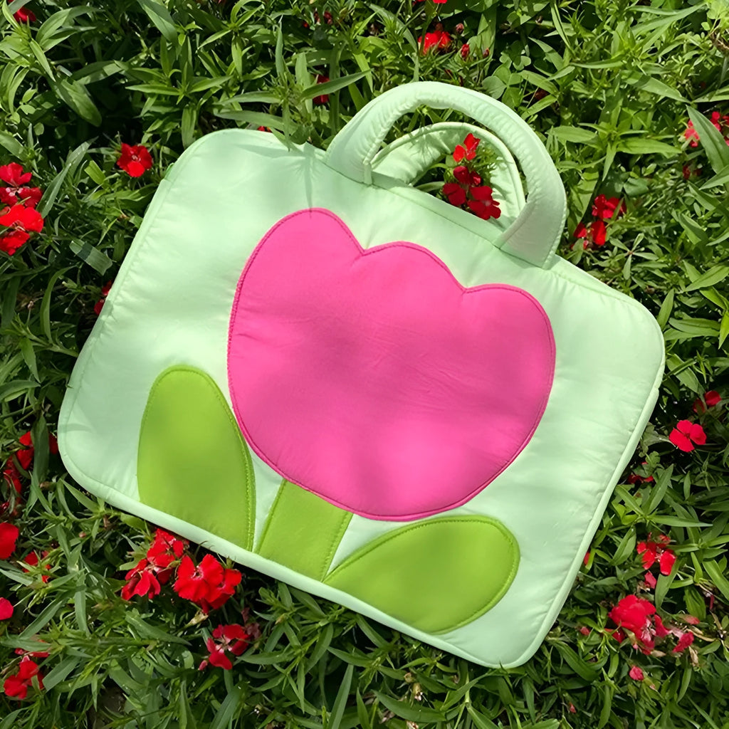 Net-red polyester handbag for women with retro green red flower pattern, 14 inch or 16 inch size options