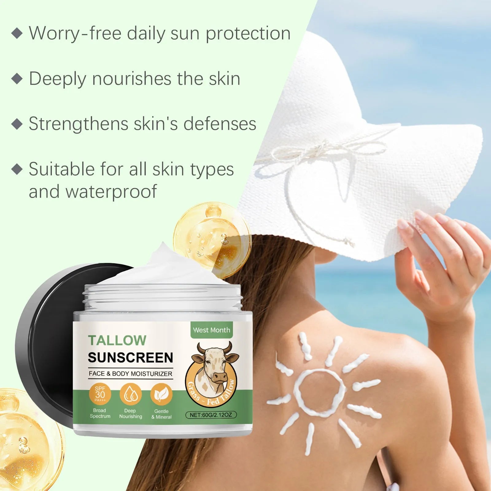 SPF 50+ sunscreen cream tube with hyaluronic acid and lemon extract, 60g non-oily formula