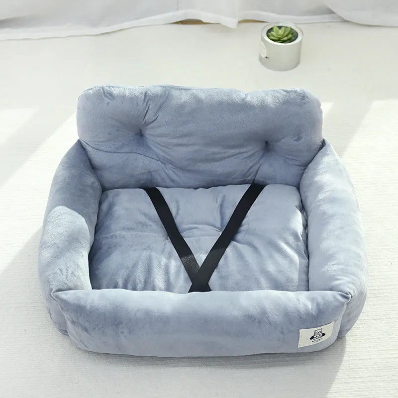 Grey and blue plaid car-mounted cloth nest for dogs, shown in small and large size options.