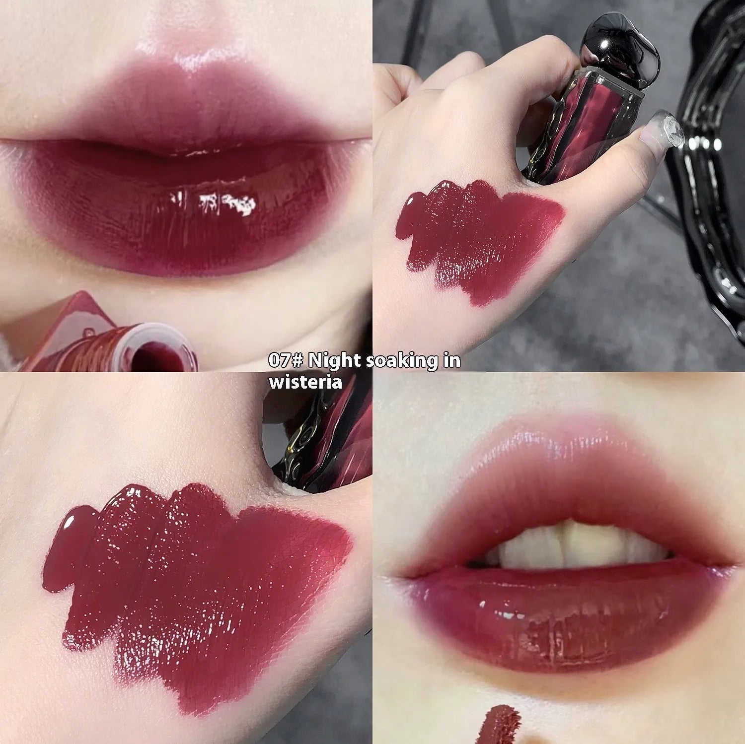 Mirror finish lip lacquer tube with water-light glossy texture in seven numbered colour shades