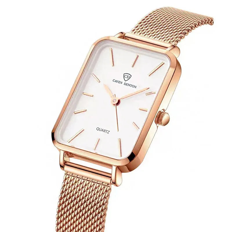 Women's rose gold or silver waterproof quartz watch with alloy case and woven steel strap