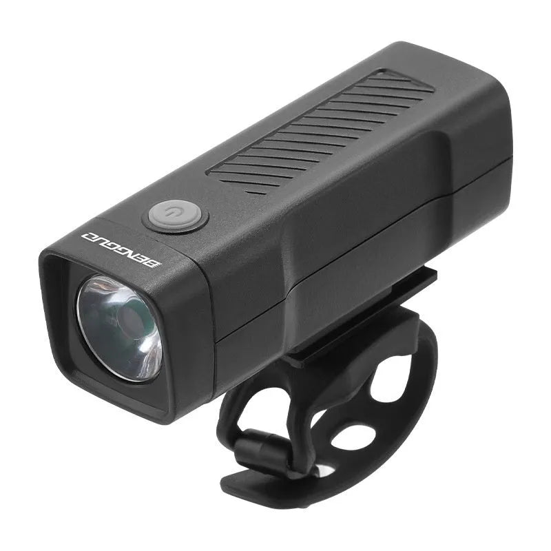 USB rechargeable bicycle headlight with quick release strap mount showing LED light