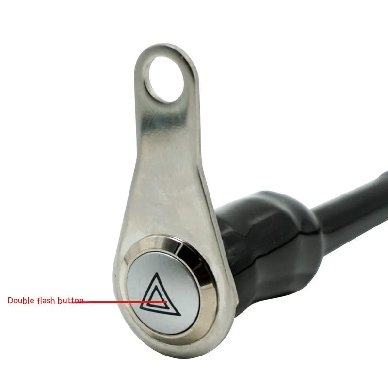 Black stainless steel motorcycle double flash switch with a central metal button and illuminated ring, for 7mm mounting hole.