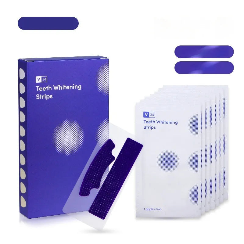 Box of teeth whitening patches with activated carbon and PAP in black packaging showing 7 pairs of stickers
