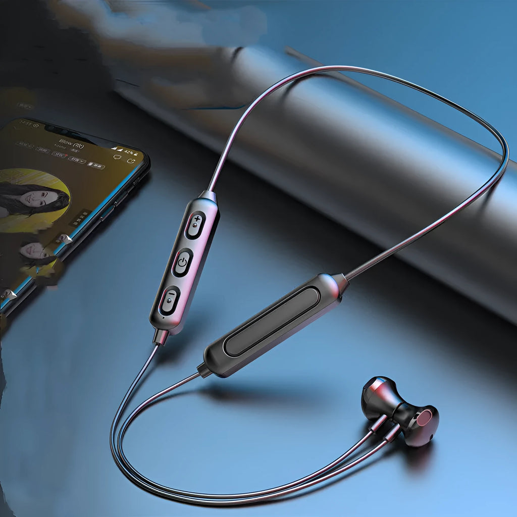 Black wireless neckband sports earphones with custom logo printing area on the neckband.
