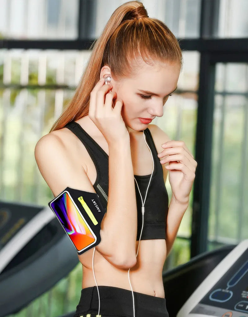 Black running arm band for iPhone and Samsung with reflective strip and zipper pocket